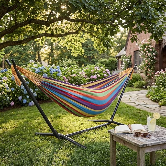 Portable Outdoor Hammock with Stand, Heavy Duty Steel Frame and Carrying Bag, Multi-Color Striped Polyester Fabric Hammock for Patio, Garden, Backyard & Camping, 250lbs Capacity