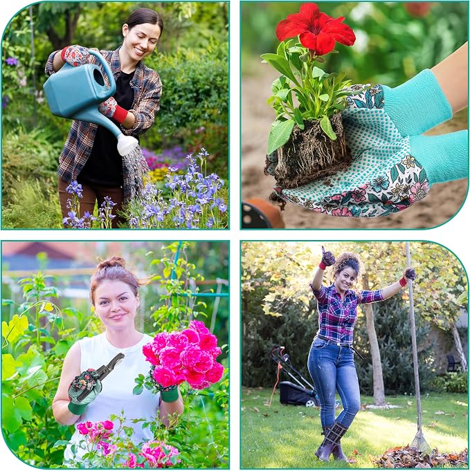 DOFOWORK Gardening Gloves, 4 Pair Floral Garden Gloves for Women with Dots | Soft Comfortable Fabric,Cute Floral Pattern,Anti-slip PVC Dots,Designed for Ladies,Yard Planting & Daily Gardening Work