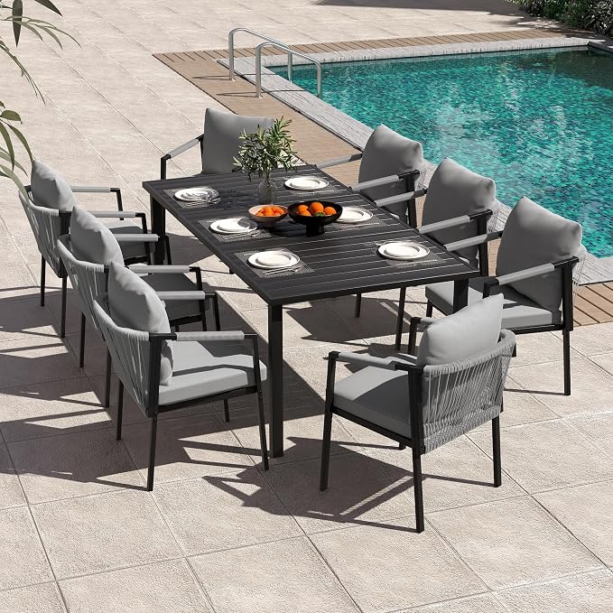 Patio Dining Set, 9-Piece Woven Rope Rattan Dining Table and Chairs Set | Metal Woven Wicker Rope Chairs with Cushions, All-Weather PE Rattan Outdoor Dining Set for Lawn Garden