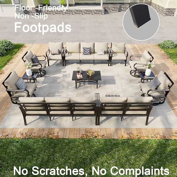 12 Pieces Outdoor Conversation Set, Rope Patio Furniture Sets Metal 2 Three-Seater Couch 4 Swivel Rockers with 2 Side Tables Loveseat Sofa 2 Single Chairs with Coffee Table, Beige