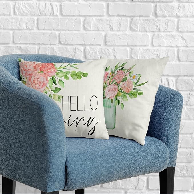 Set of 2 Shabby Chic Throw Pillow Covers Spring Summer Rose Floral Outdoor Pillow Case for Living Room Sofa Bedroom Car Pink Flowers Farmhouse Pillowcase 24x24