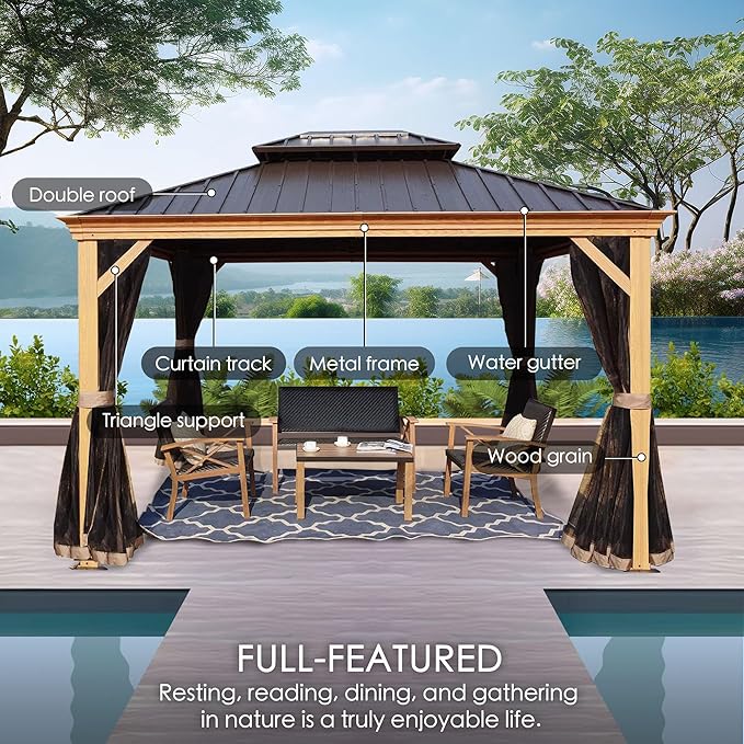 Kozyard Apollo 12’x16’ Hardtop Gazebo, Wooden Coated Aluminum Frame Canopy with Galvanized Steel Double Roof, Outdoor Permanent Metal Pavilion with Netting for Patio Lawn