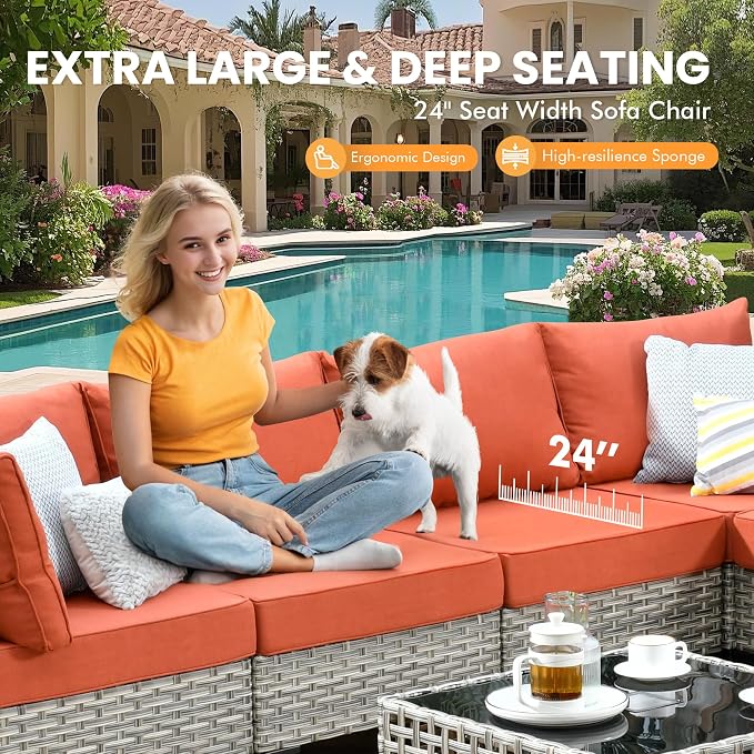Outdoor Sectional Patio Furniture Set with Fire Pit Table and Swivel Rocking Chairs,11 Pieces Wicker Conversation Sets L Shaped Couch Out Door Sofa Outside Furniture for Garden Deck,Orange Red