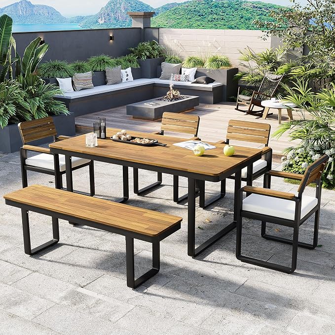 RuiSiSi 6-Piece Outdoor Dining Table Set, Acacia Wood Patio Dining Table Set with 1 Table, 4 Chairs, 1 Bench, Comfortable Cushions and Adjustable Feet for Patio, Garden, Backyard, Beige Cushion