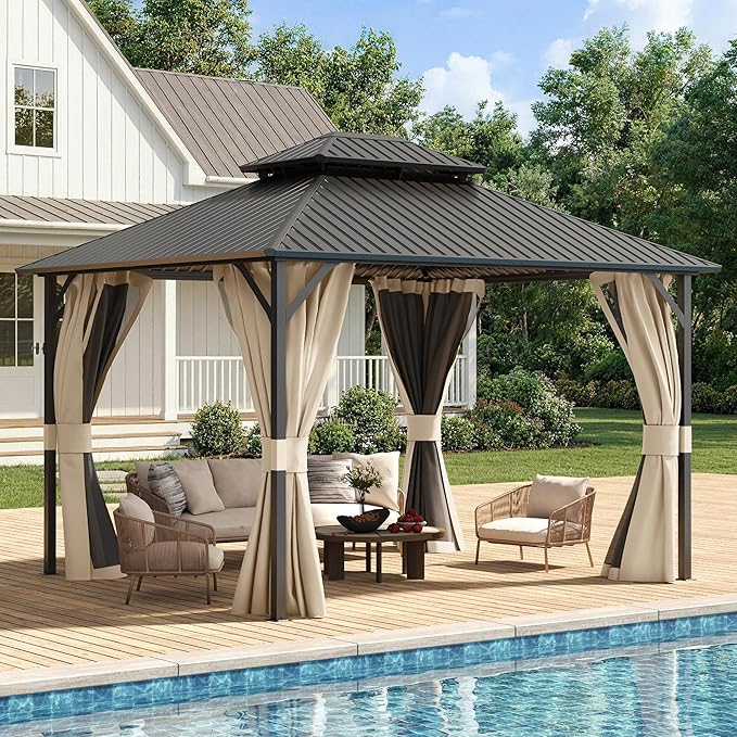 UDPATIO 10'x12' Hardtop Gazebo, Metal Gazebo with Galvanized Steel Double Roof, Permanent Patio Pavilion for Dining Parties, Beige