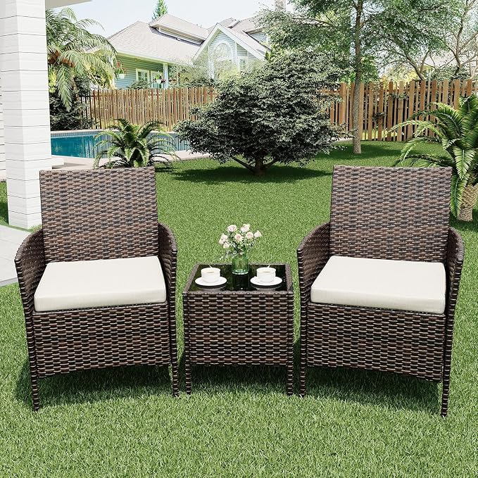 GAOMON 3 Pieces Outdoor Patio Furniture Set, PE Rattan Porch Chairs with Soft Cushion and Glass Coffee Table, Outdoor Patio Set for Backyard Porch Poolside, Brown and Beige