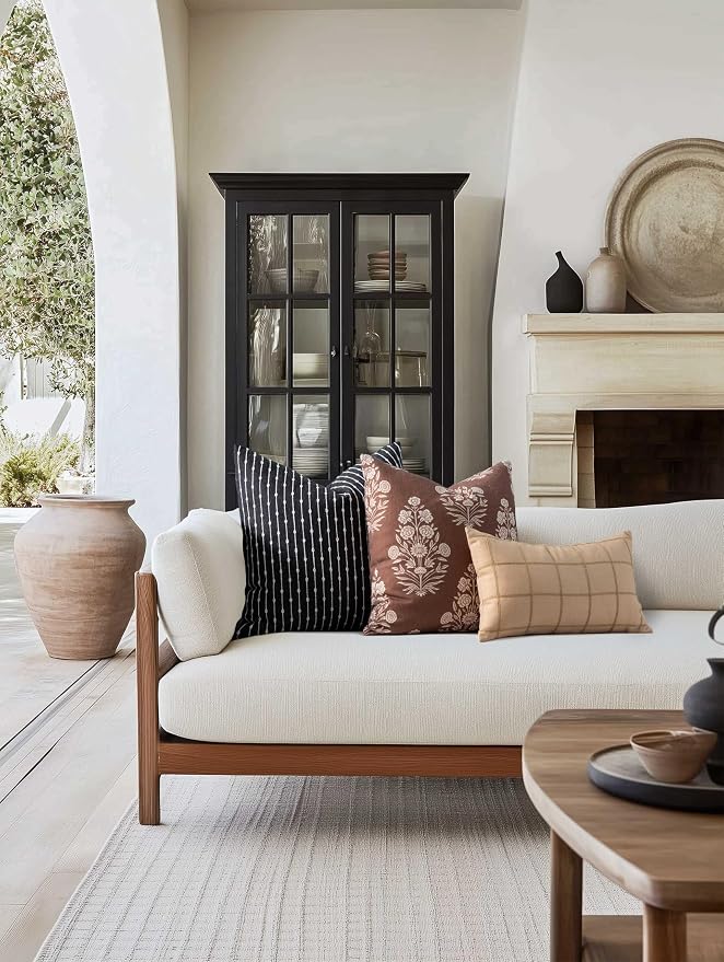 Modern Farmhouse Fall Linen Indoor Outdoor Lumbar Pillow Cover Only, 12"x20" Water Repellent for Patio, Backyard, Couch, Ivory Cream Plaid