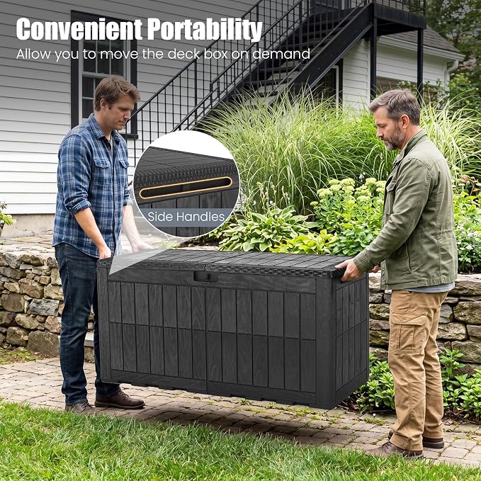 HAPPYGRILL 100 Gal Outdoor Deck Box, Lockable Storage Bin with Lid and Handles, Waterproof and Sun-Protective Patio Bench and Storage Box for Garden Tools Pool Supplies (Black, 100Gallon)