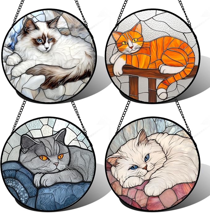 Stained Glass Window Hanging 4 Pcs Set Cute Cat 7.8" - Suncatcher Door Garden Sun Catcher Decor Birthday Mother's Day Christmas Comfort Gifts for Lost Pet Woman Nana Mom Men Friend