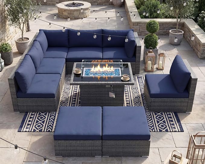 NICESOUL 9 Piece Oversized Outdoor Patio Furniture Set, 29.3'' High Back Comfy Sectional Sofa Set with Firepit Natural Gas & Propane, Deep Seating Conversation Couches, 2 Color Cushion Navy & Gray