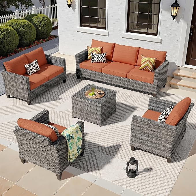ovios 5 Pieces Patio Furniture Set, Outdoor Wicker Rattan Sofa Couch with Loveseat, Chairs, Glass Coffee Table, Conversation Sets for Yard Porch Garden, Orange Red