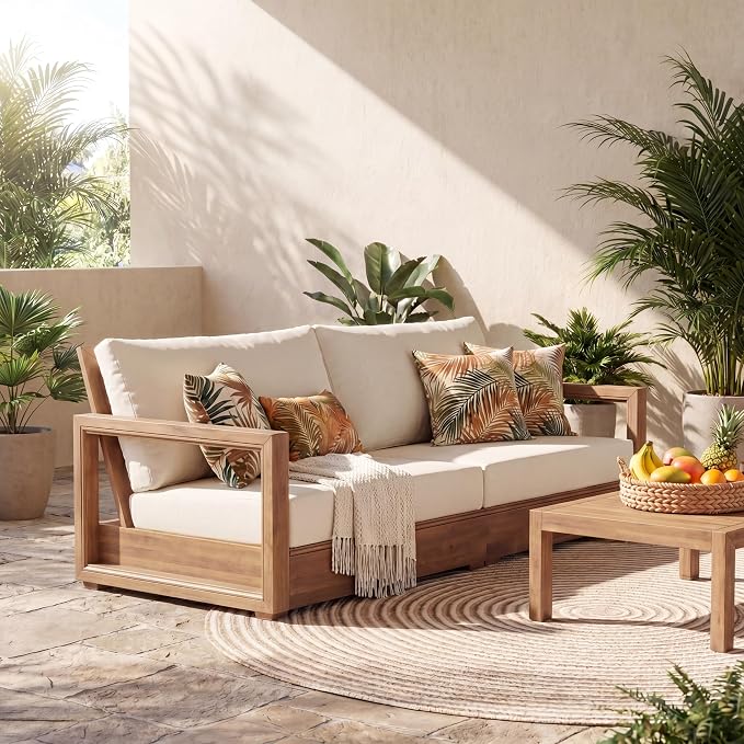 Christopher Knight Home 2-Piece Patio Furniture Set, 3-Seater Outdoor Sofa with Coffee Table, Acacia Wood Patio Couch Set with Cushions, Deep Seat Outdoor Patio Furniture for Porch Deck Garden, Brown
