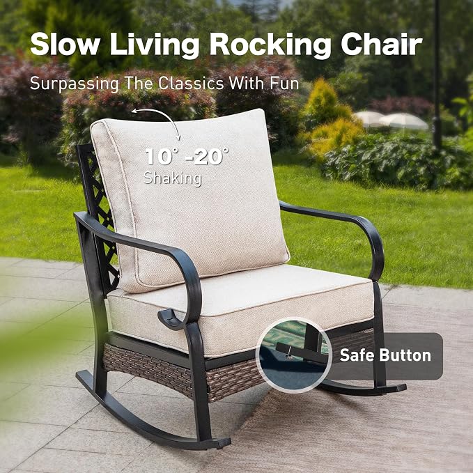 SUNSHINE VALLEY 4 Piece Metal Outdoor Patio Furniture Sets, Patio Conversation Sets 1 Loveseat, 2 Rocking Sofa with 5.75" Extra Thick Cushion and Coffee Table, Balck Frame Backyard Furniture, Beige