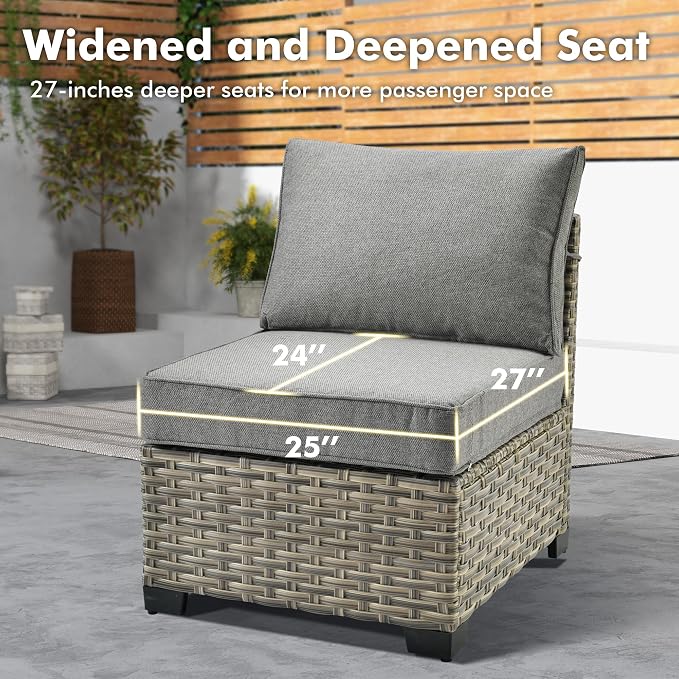 Weaxty 7 Pieces Wide Seats Outdoor Furniture Set, L Shape Sectional Couch Ottoman Fire Pit Solar Table, Thick Cushion All-Weather Rattan Patio Conversation Sets for Backyard Porch Deck, Dark Gray