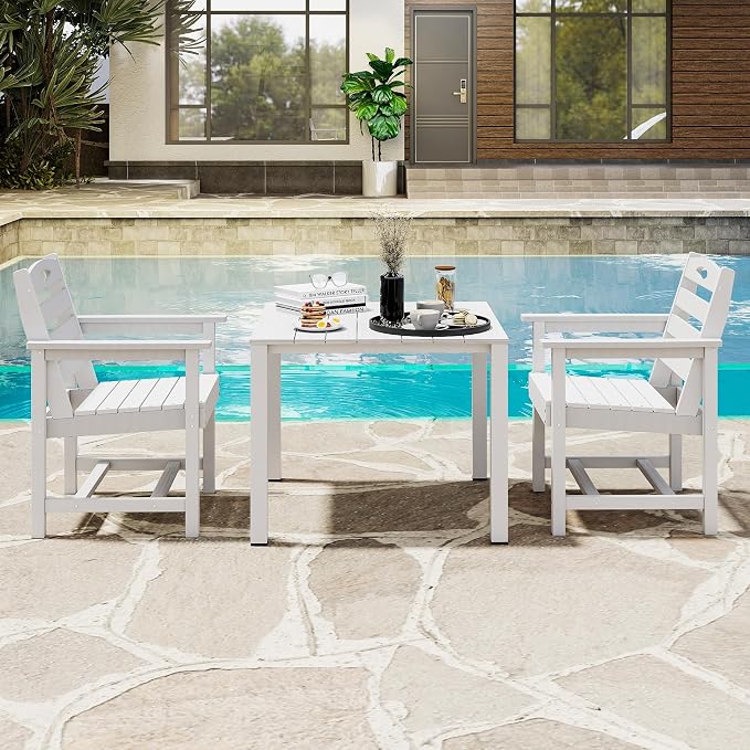 Domi HDPE Outdoor Dining Set, All-Weather Outdoor Dining Table Set of 3 with 2" Umbrella Hole, Outdoor Patio Dining Set for Garden, Poolside, Backyard, Deck, White