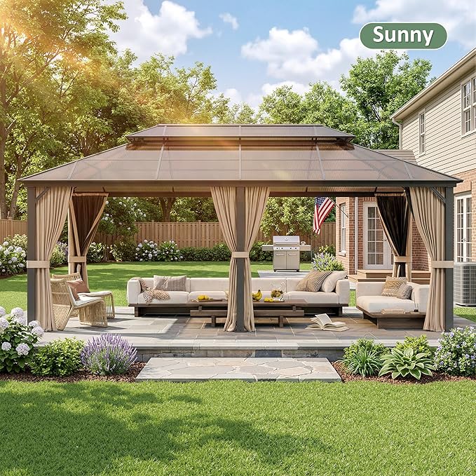 12'x20' Hardtop Gazebo, Outdoor Polycarbonate Roof Canopy, Aluminum Frame Permanent Pavilion with Curtains and Netting, Sunshade for Garden, Patio, Lawns