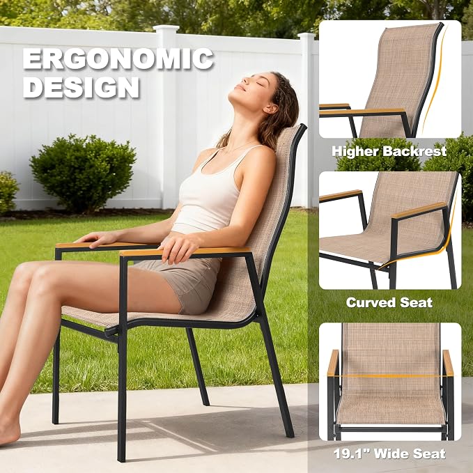 NUU GARDEN 5 Piece Outdoor Patio Dining Set for 4, Slatted Table with Umbrella Hole and 4 Stackable Textilene Chairs with Faux Wood Armrests, Black and Khaki