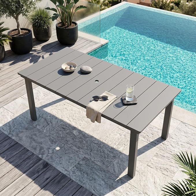 ROCSUMOO Outdoor Dining Table, 70" HDPE Dining Table with Umbrella Hole for 6-8 (Grey)