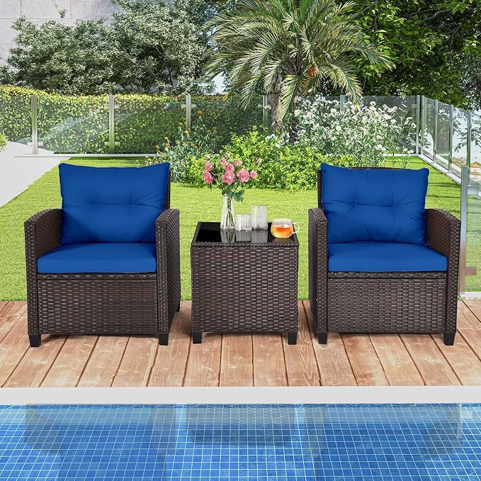 3-Pieces Patio Furniture Set, PE Wicker Chairs Sofa Set with Removable Cushions & Glass Top Side Table, Outdoor Wicker Rattan Conversation Chair for Porch,Backyard, Balcony (Navy Blue)