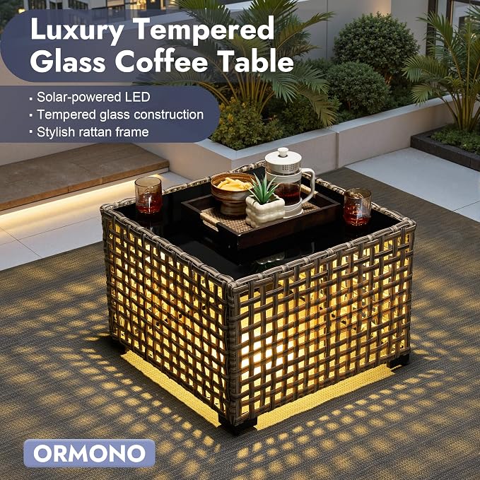 6 PCS Patio Furniture Set, Deep Seat High Back Outdoor Conversation Set with Ottomans, Wicker Outside Furniture with Solar Light Coffee Table for Porch Backyard Balcony, Sunroom, Navy Blue