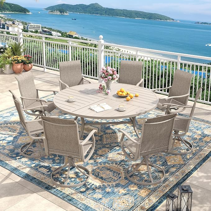 Outdoor Dining Set for 8, 60.1" Metal Round Outdoor Dining Table with Umbrella Hole and Sling Patio Swivel Chairs, 9 Pieces Patio Table and Chairs Set for Garden Backyard, Sandshell