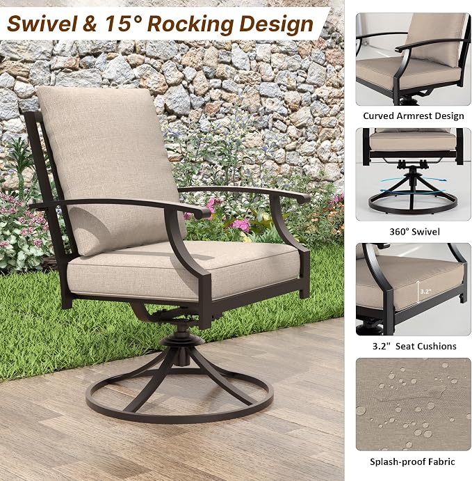 ALAULM 5-Piece Outdoor Dining Set for 4 Metal Outdoor Patio Furniture with 2 Swivel Chairs & 40000 BTU Round Fire Pit Table for Patio, Backyard, Garden-Sand