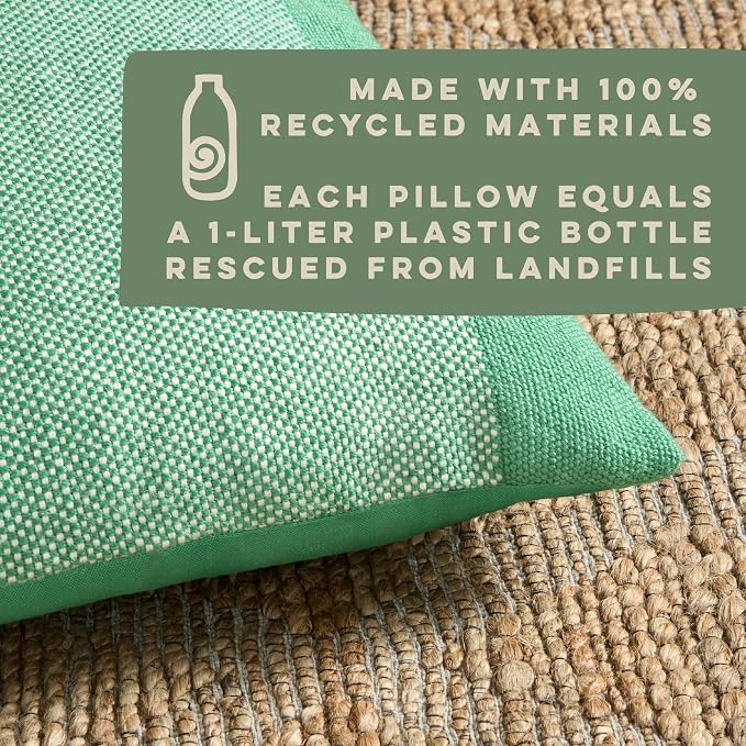 TOWN & COUNTRY TERRA Alara Solid Border Handcrafted Indoor Outdoor Decorative Pillow, 100% Recycled Materials, UV Fade Resistant, Water Repellent, Green/Ivory, 20"x20"