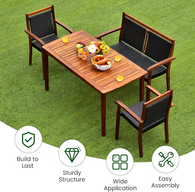 HAPPYGRILL 4 Piece Patio Dining Set Outdoor PE Rattan Space-Saving Dining Table Set with Umbrella Hole, Patio Armchairs and Acacia Wood Table Set for Garden Backyard Poolside
