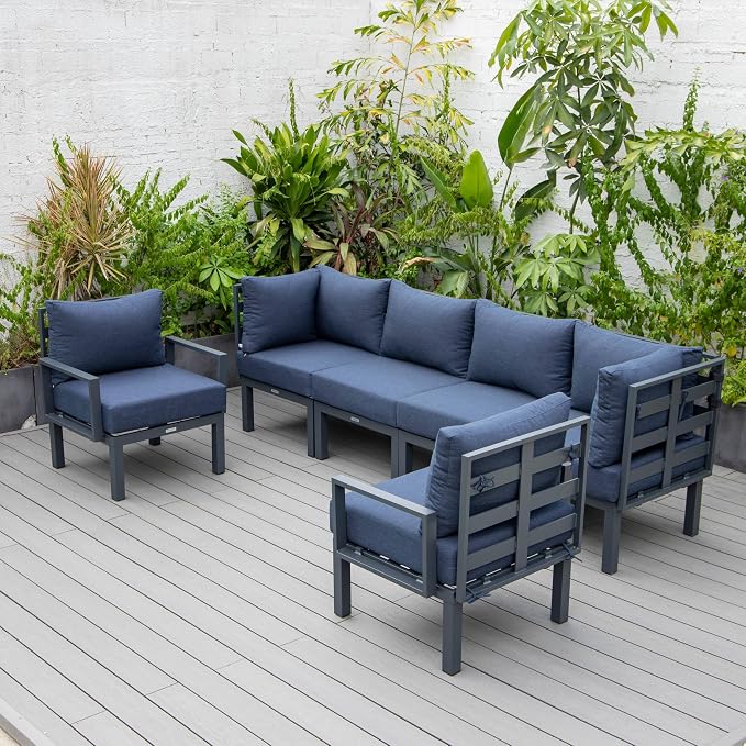 LeisureMod 6-Piece Patio Sectional Set in Black Aluminum with Removable Blue Cushions for Patio and Backyard Garden