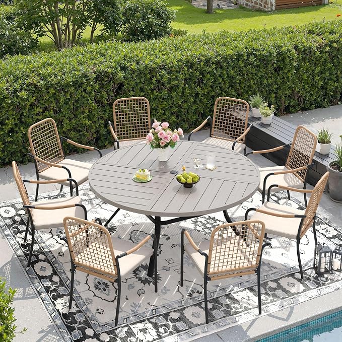 DIFY 9 Pieces Outdoor Dining Set, Metal Patio Table and Chairs Set for 8, 53.1" Round Dining Table with Umbrella Hole & Wicker Stackable Patio Chairs with Cushions, Grey Wood-Like Tabletop