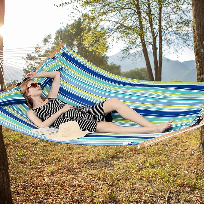 Giantex Hammock Swing Camping Hammock for Stand with Spreader Bar, Detachable Pillow, Hand Woven Cotton Ropes, Outdoor Hammocks for Patio, Backyard, Poolside(Hammock Without Stand) (Blue + Green)