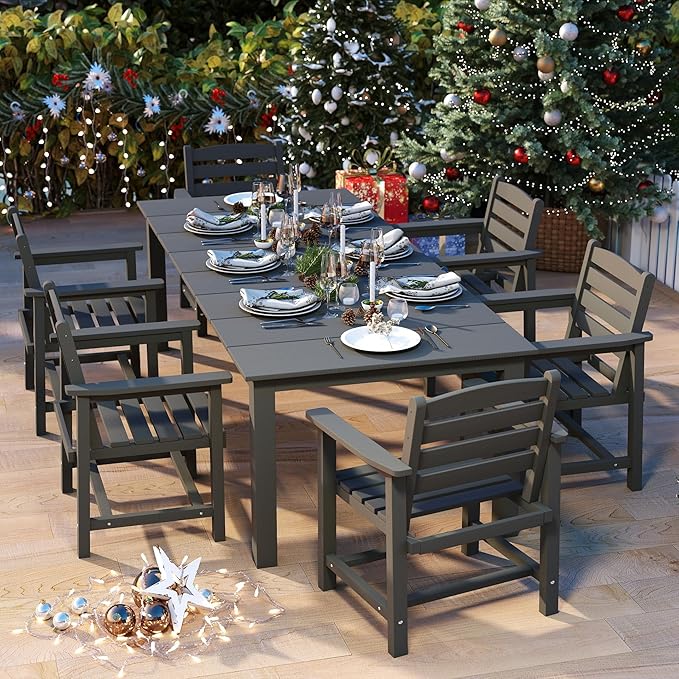7-Piece Grey Outdoor Dining Set for 6, 75.2'' HDPE Table with Umbrella Hole & Chairs, Weather-Resistant Patio Furniture for Garden, Lawn, or Poolside