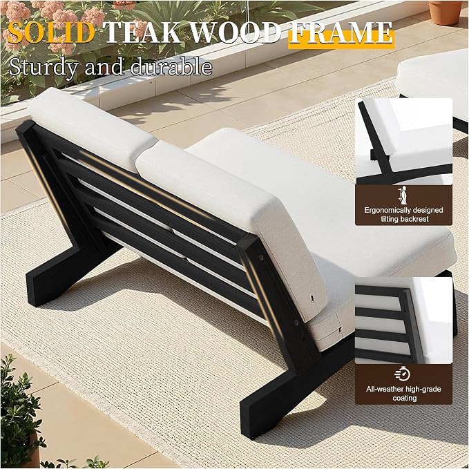 Outdoor Furniture Patio Couch, Weather Resistant Patio Loveseat Sofa Couch with Removable Cushion & Pillows, Black Wood Frame for Porch & Backyard Seating - Beige