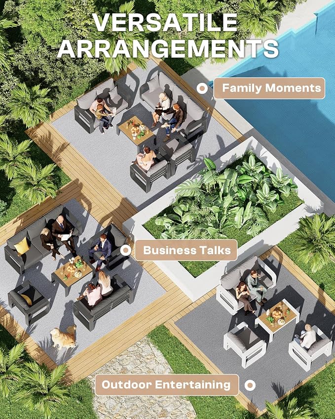 Aluminum Outdoor Sofa Bistro Set, Oversized Patio Conversation Sets Widened Armrest & Ultra-Thick Cushions, Deep Seating Patio Furniture Set for Backyard, Porch, Gray