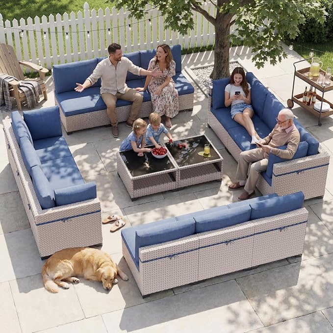 Patio Furniture Set, 14-Piece Outdoor Sectional Sofa with 2-Layer Glass Coffee Table, Wicker Patio Conversation Set with Blue Cushions for Backyard, Poolside, Porch