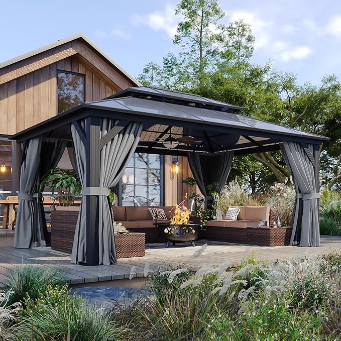 12’x16’ Hardtop Gazebo with Double Polycarbonate Roof, Sturdy Aluminum Frame & Removable Curtains/Netting,Outdoor Metal Shelter Pergola for Garden, Patio, Lawn (Grey)