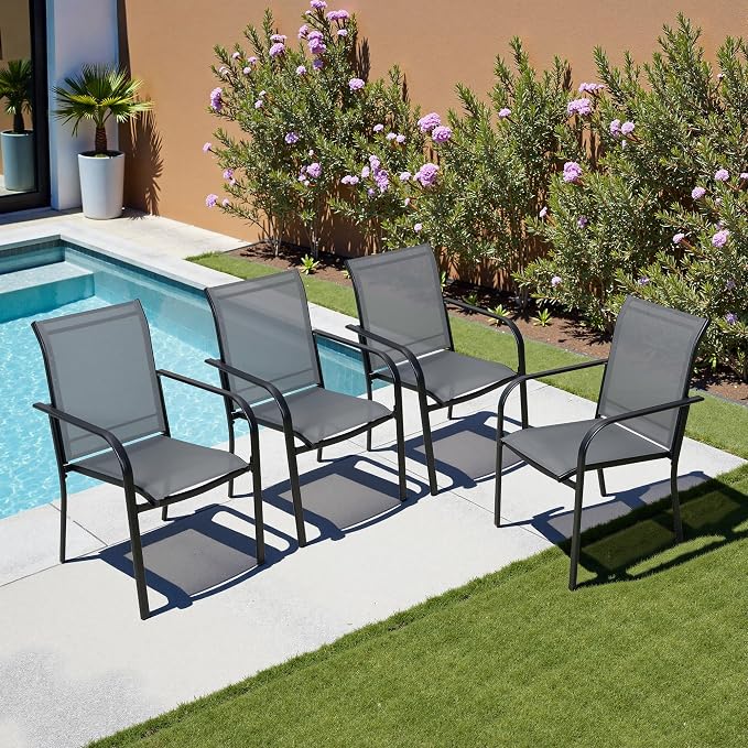 SUNCROWN 7 Pieces Outdoor Dining Set, Patio Furniture Set with 6 x Textilene Dinning Chairs and 1 Steel Slat Metal Bistro Table for Garden Lawn Backyard Deck (Grey)