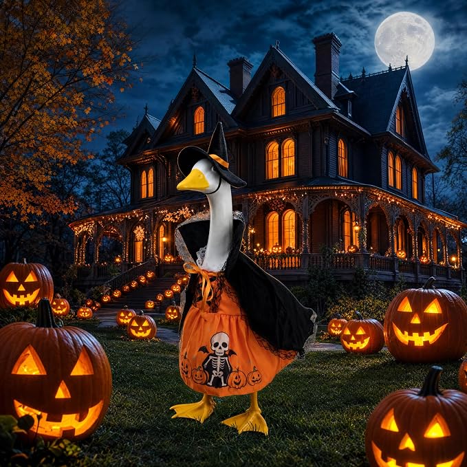 Porch Goose Outfits for 23 Inch Statue, Halloween Witch Dress Hat and Cape Set, Porch Goose Clothes for Patio Yard Garden Decor