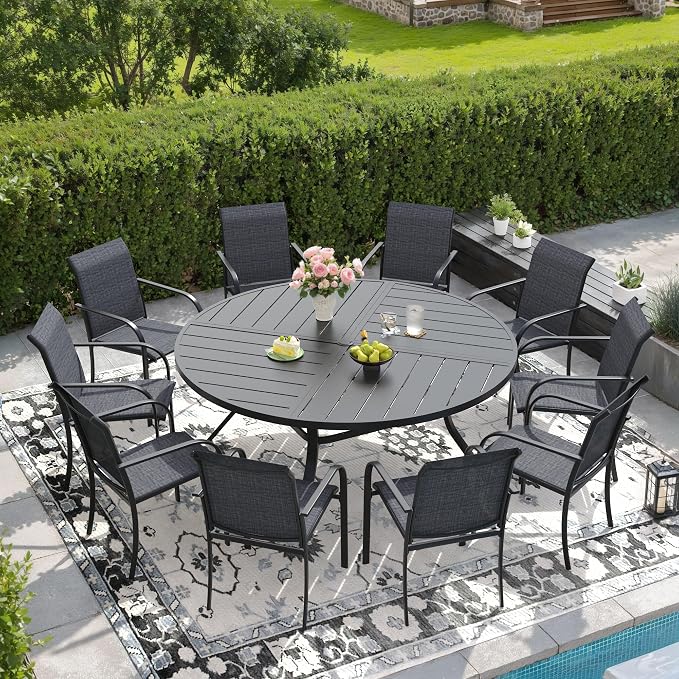 DIFY Patio Dining Set for 10, 11 Piece Outdoor Table and Chairs Set, 59.8" Black Round Metal Patio Dining Table and 10 Grey Textilene Stackable Patio Chairs, for Backyard Garden Poolside