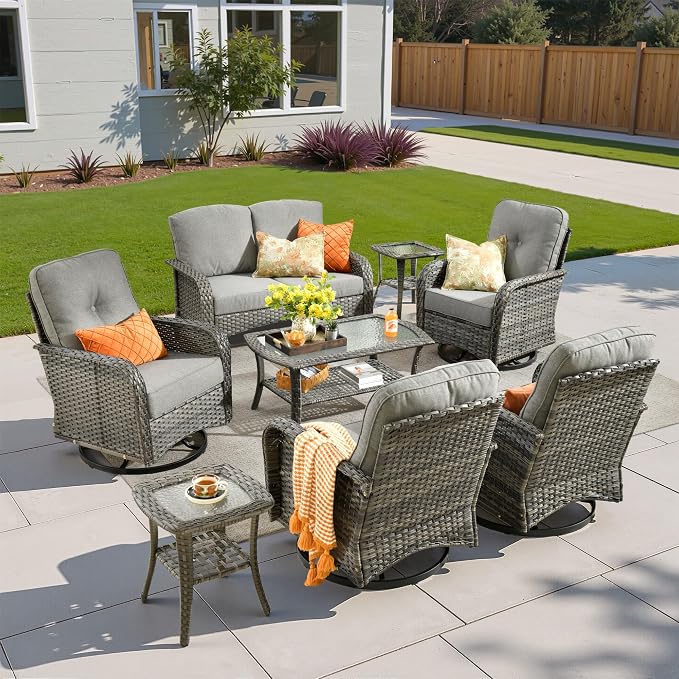 8 Pieces Patio Conversation Sets,Patio Furniture Set with Swivel Rocking Chairs,Coffee Table, Side Table, All Weather Rattan Wicker Outdoor Sectional Furniture Set for Porch Balcony Backyard Dark Gray