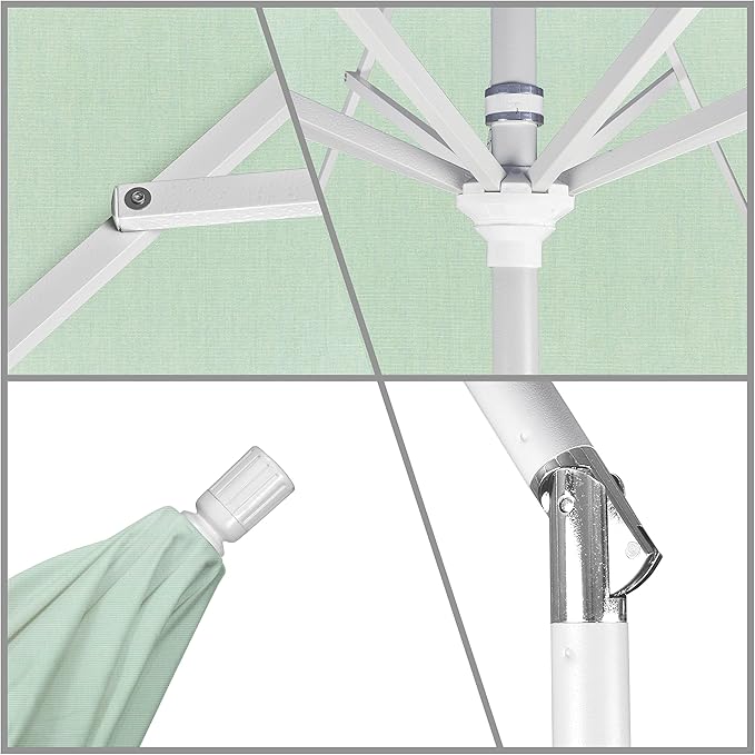 California Umbrella 9' Round Aluminum Patio Umbrella, Crank Lift, Collar Tilt, White Pole, Spa