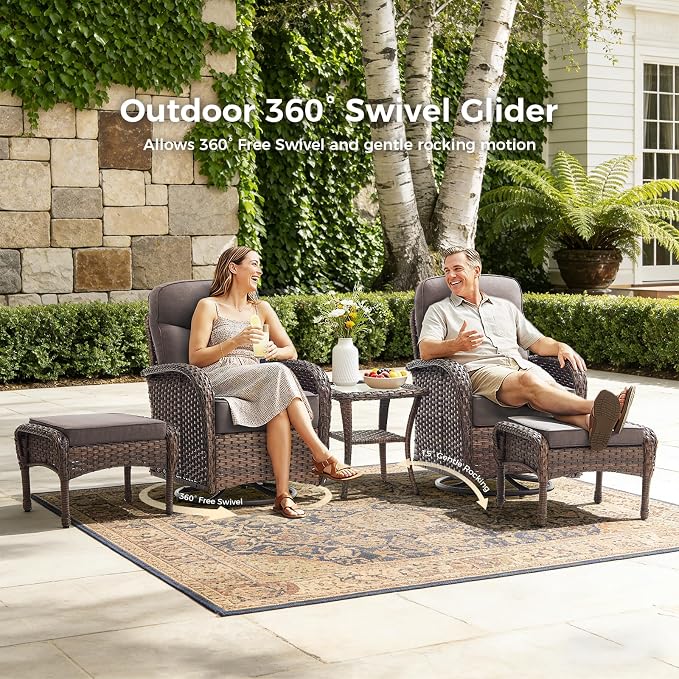 Luxury Patio Furniture Set with 6-inch Thick Cushions, Outdoor Furniture Set with High Back Swivel Chairs, 10 PCS Wicker Outdoor Conversation Set for Porch, Patio, Yard, Deck, Poolside, Brown/Grey