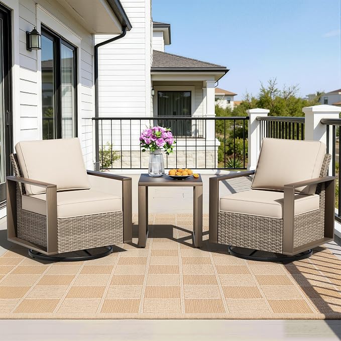 Outdoor Swivel Rocker Metal Chairs Set of 2 with Small Coffee Table - 3 Pieces Patio Bistro Set with Rectangular Framed Wood-Looking Metal Armrest, 360 Degree Glider Chairs, Beige