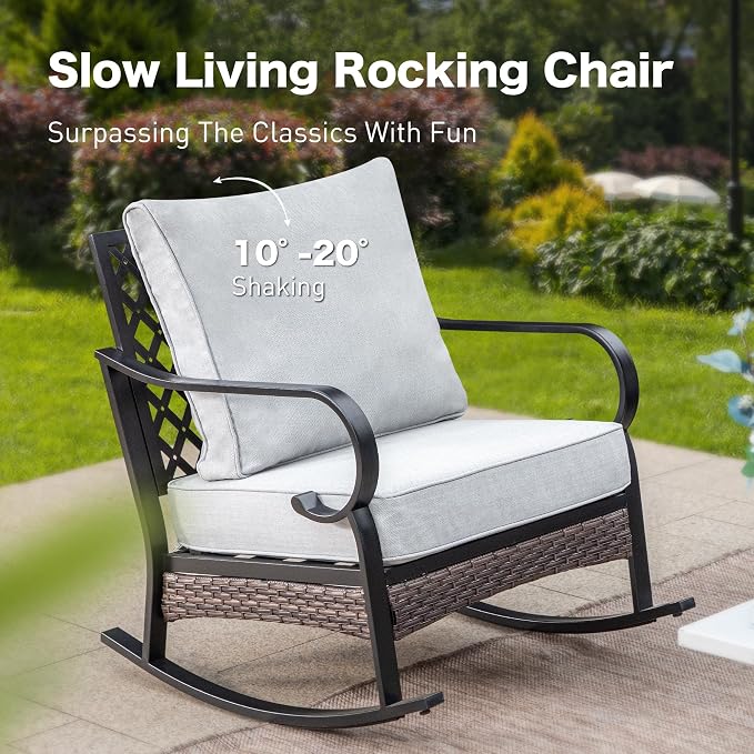 SUNSHINE VALLEY 6 Piece Metal Outdoor Patio Furniture Set, Patio Conversation Set with 1 3-Seater and 2 Fixed Sofas, 2 Rocking Sofas with 5.75" Cushion & Coffee Table, Black and Light Gray