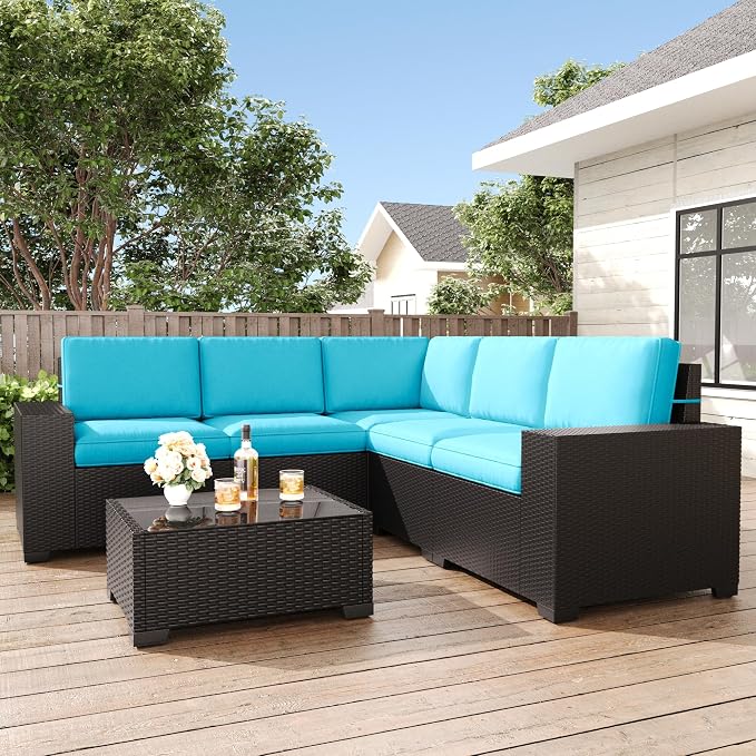 LayinSun 6 Pieces Patio Furniture Set, Black Rattan Modular Sectional Outdoor Conversation Sofa Set