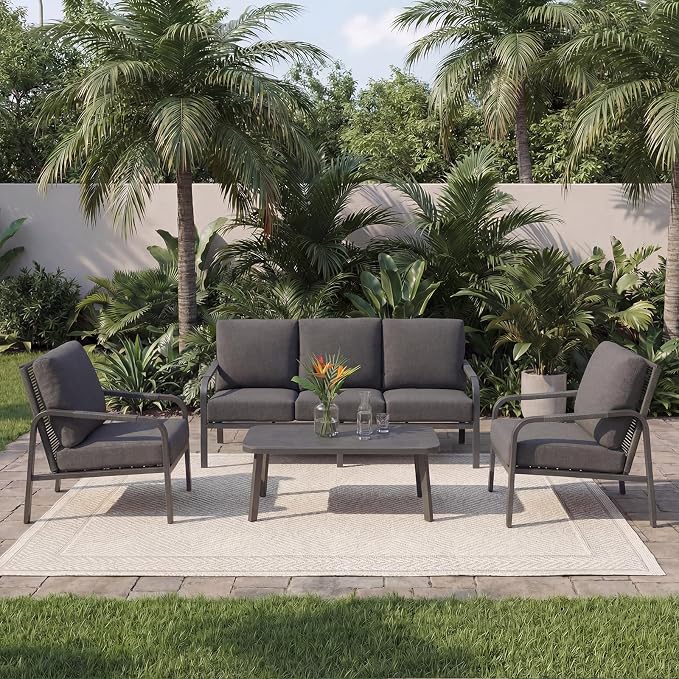 4-Piece Aluminum Outdoor Sofa Set with Coffee Table – 3-Seat Sofa and Rattan-Style Backrests, Perfect for Patio, Balcony, Garden (Grey)