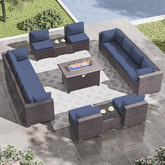15 Pieces Outdoor Patio Furniture Set,Outdoor Sectional Furniture with 43" 55000 BTU Gas Propane Fire Pit Table,All Weather PE Rattan Wicker Patio Conversation Set,Navy Blue