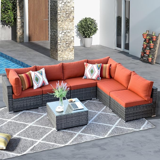 HOOOWOOO Patio Outdoor Sectional Furniture Sofa Set,7 Piece U Shaped Corner Wicker Rattan Couch Set,Rustic 6 Persons Summer Patio Conversation Set for Outside Porch Deck Garden(Orange Red)