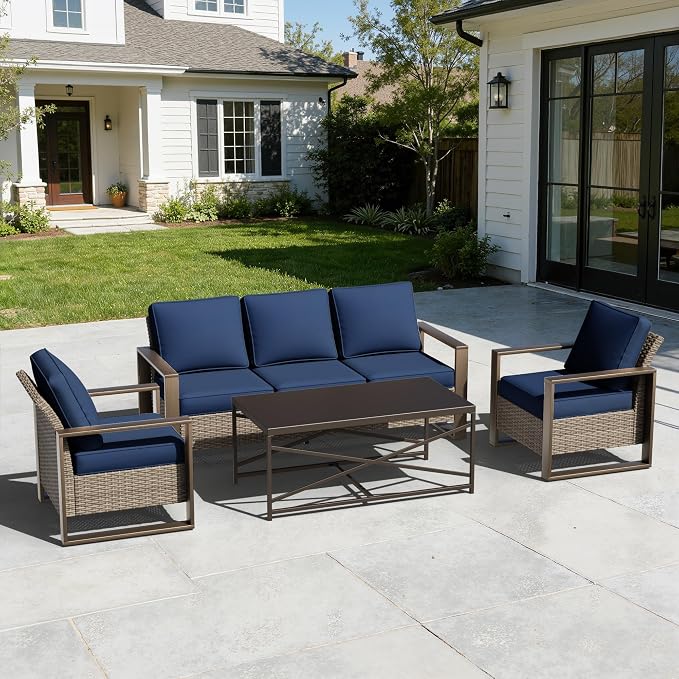 4 Pieces Patio Furniture Set with Wicker 75" Sofa, Two Armchairs, One Coffee Table, All Weather Outdoor Conversation Furniture Set with Metal Armrest & Removable Cushions for Deck, Dark Blue