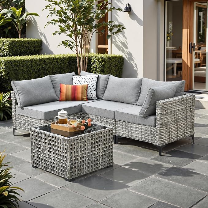 Outdoor Patio Furniture Sets,5 PCS Patio Conversation Set Outside Rattan Sectional Sofa with Coffee Table Fit Backyard Porch Garden Poolside Balcony